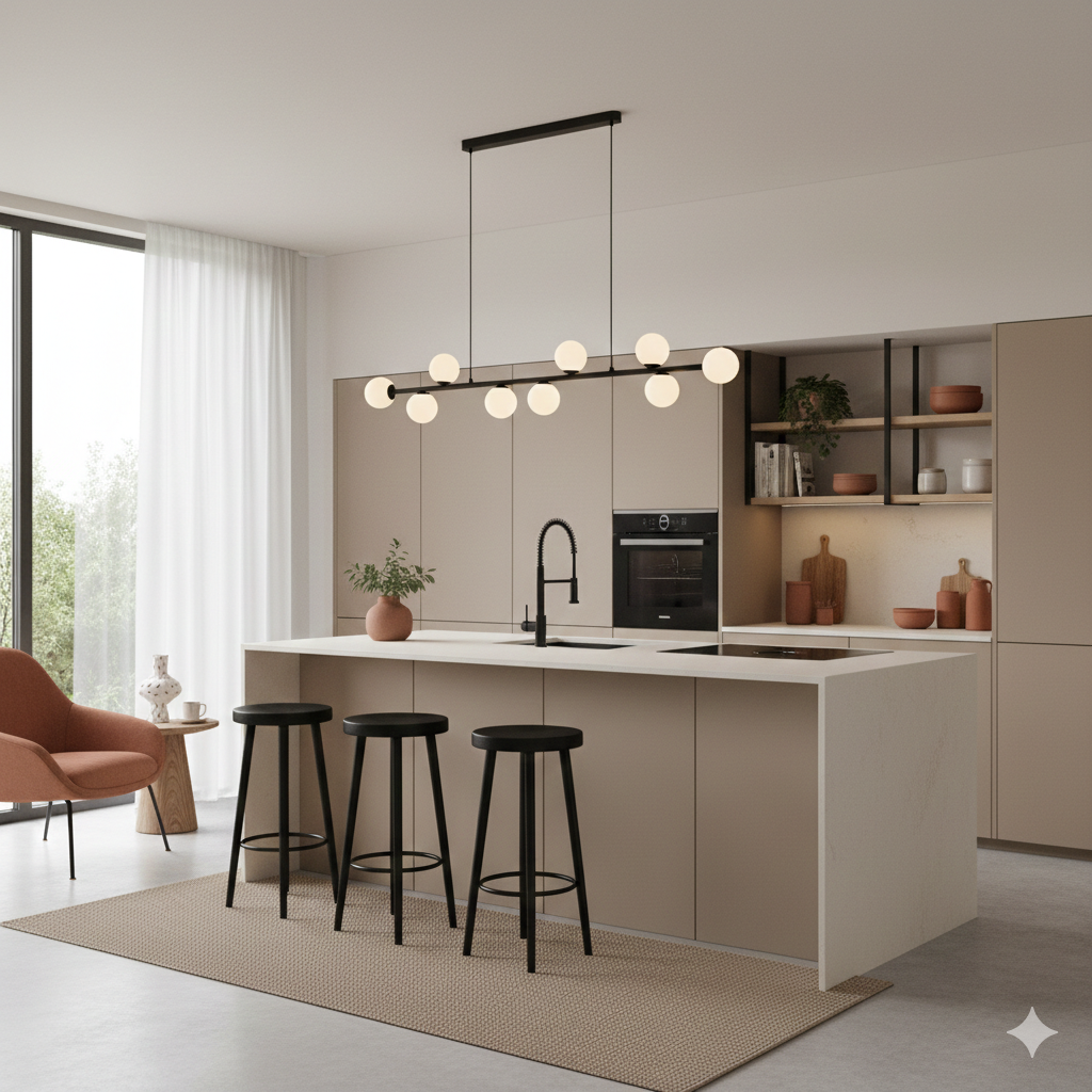 Cucina contemporanea con isola, sgabelli neri e lampade a sospensione