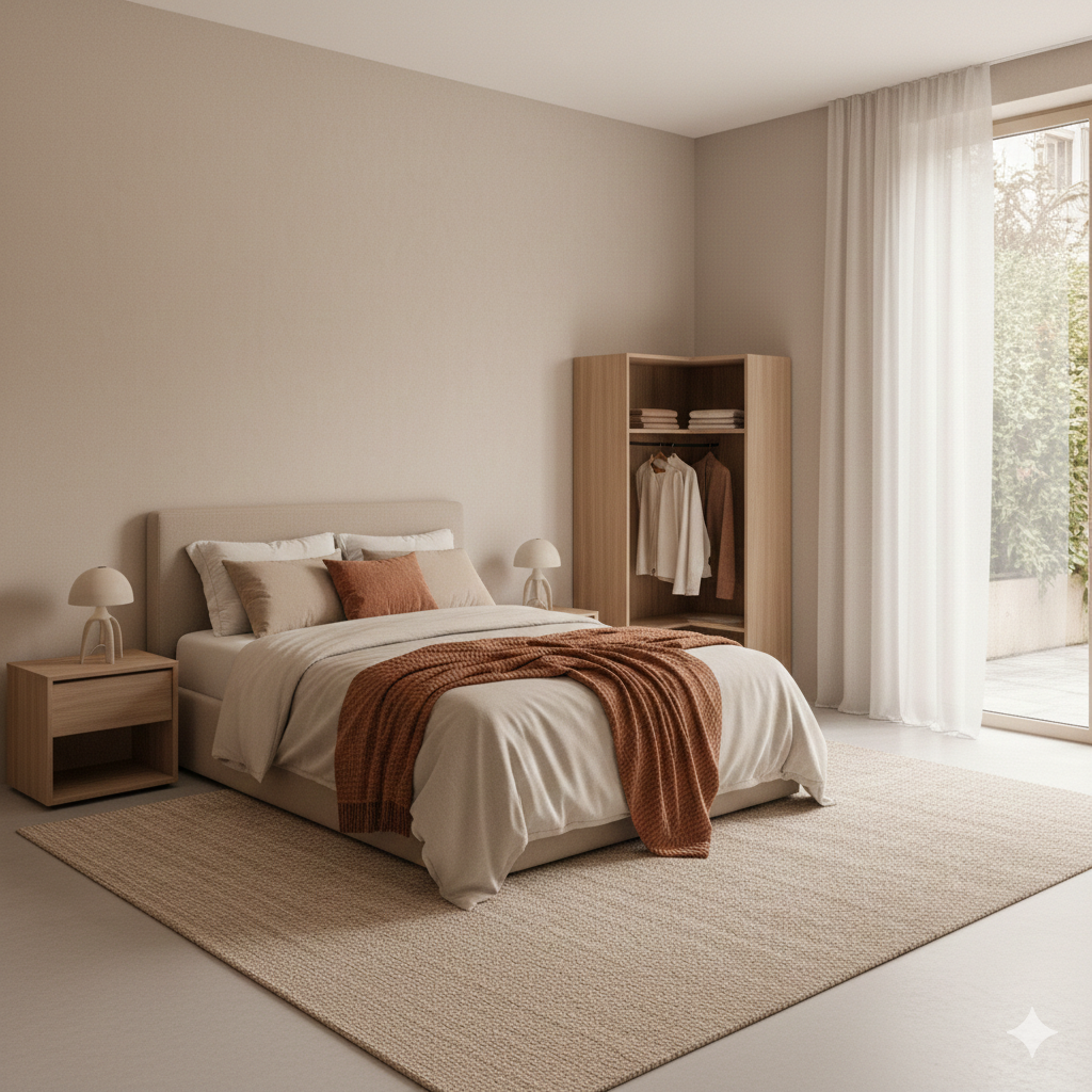 Camera da letto minimalista con toni neutri e luce naturale