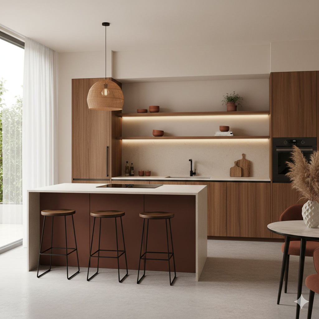Cucina in legno con isola terracotta e illuminazione LED integrata